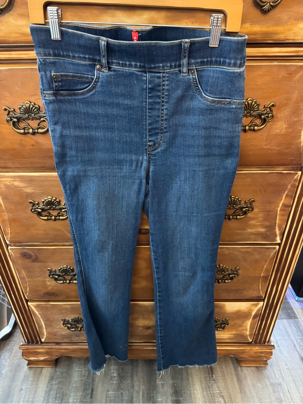 SPANX Pull-On Flare Jeans Women’s Medium Dark Wash Raw Hem Shaping Denim